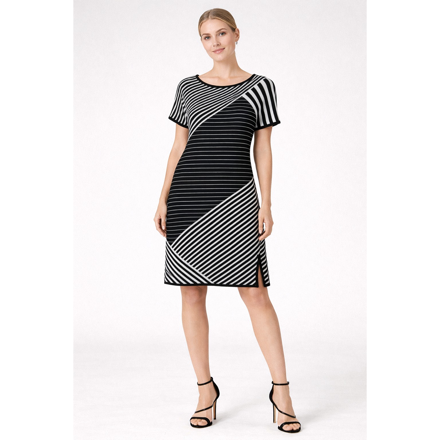 St. John Knit Dress Women Sz M Black Striped Mixed Pattern Short Sleeve